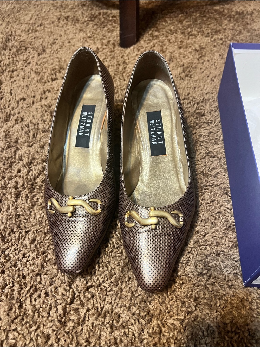Stuart Weitzman Metallic Brown Perforated Pointed-Toe Flats with Gold Accent